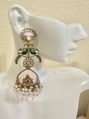 Gold-Plated Pink and Green Kundan Drop Earrings with Pearl Fringe